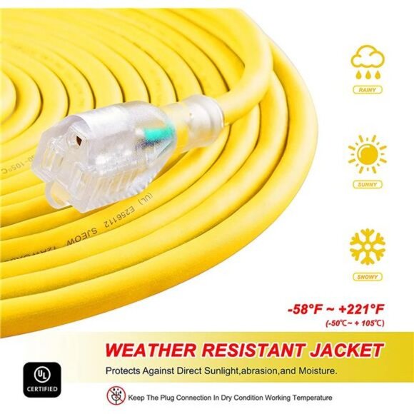 Outdoor 12/3 Extension Cord 12AWG 50FT 15Amp 1875Watts, TPE Rubber SJEOW - Picture 4 of 6